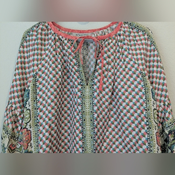 D'ascoli Pink Green Geometric Floral Printed 100% Silk Balloon Sleeve Top Artsy - Picture 4 of 11
